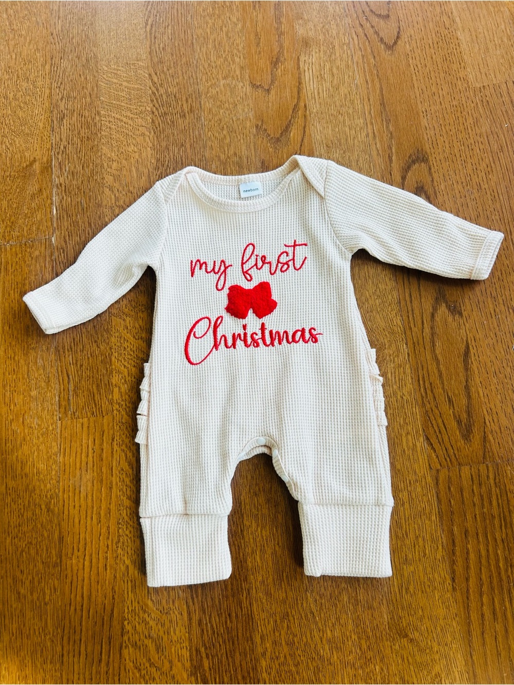 Cream Waffle Knit 'My First Christmas' Baby One-Piece with Red Embroidery